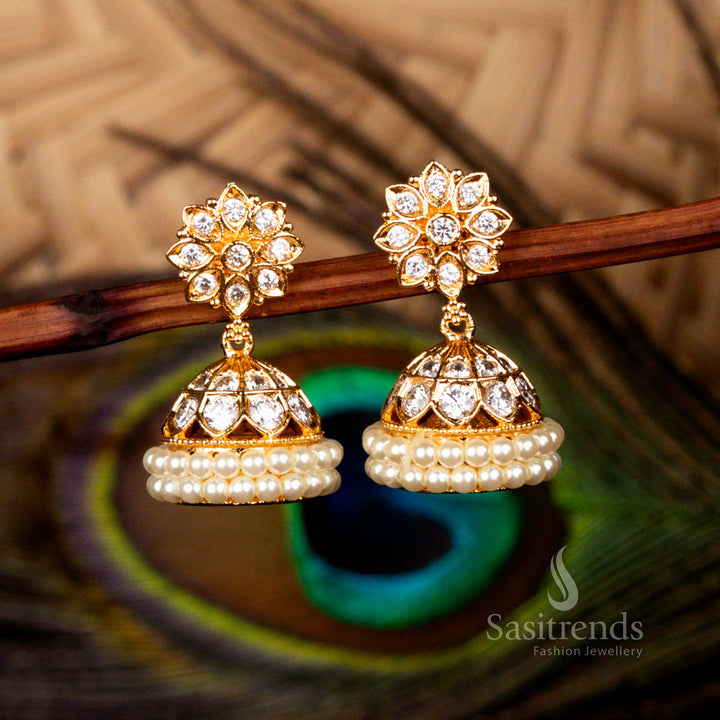 Pristine micro gold plated guaranteed ad stone floral dome pearl earrings in white for bridal wedding collections - Sasitrends