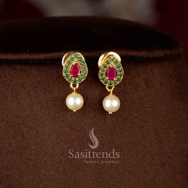 Splendid micro gold plated peacock dangle earrings in ruby-green adorned with pear stone and pearl drops, perfect with necklace – Sasitrends