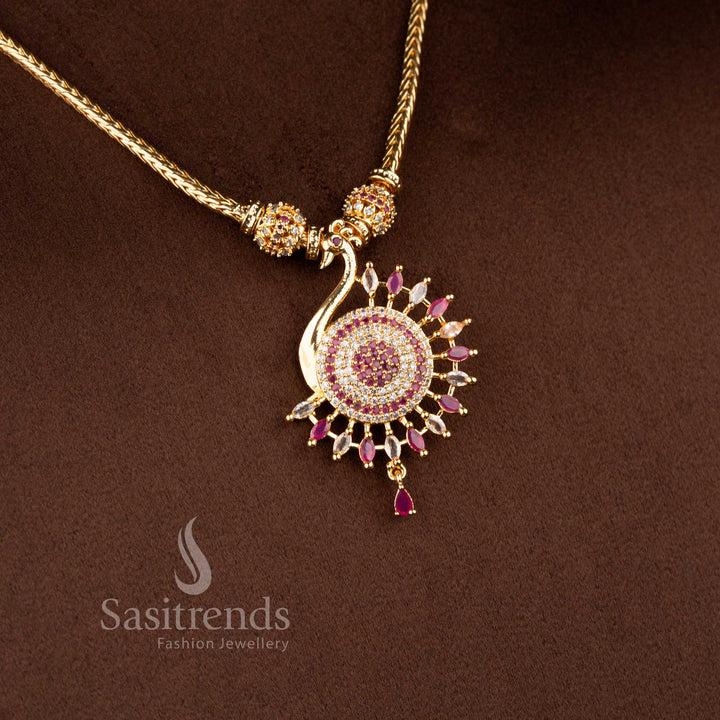 Vibrant micro gold plated peacock necklace in white-ruby shades featuring sparkling stones and delicate pearl drops, one gram jewellery – Sasitrends