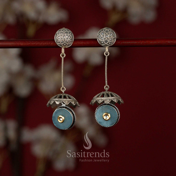 Radiant oxidised silver plated dome drop earrings with engraved stud, rod frame and sky blue circular stone ideal for festive gatherings – Sasitrends