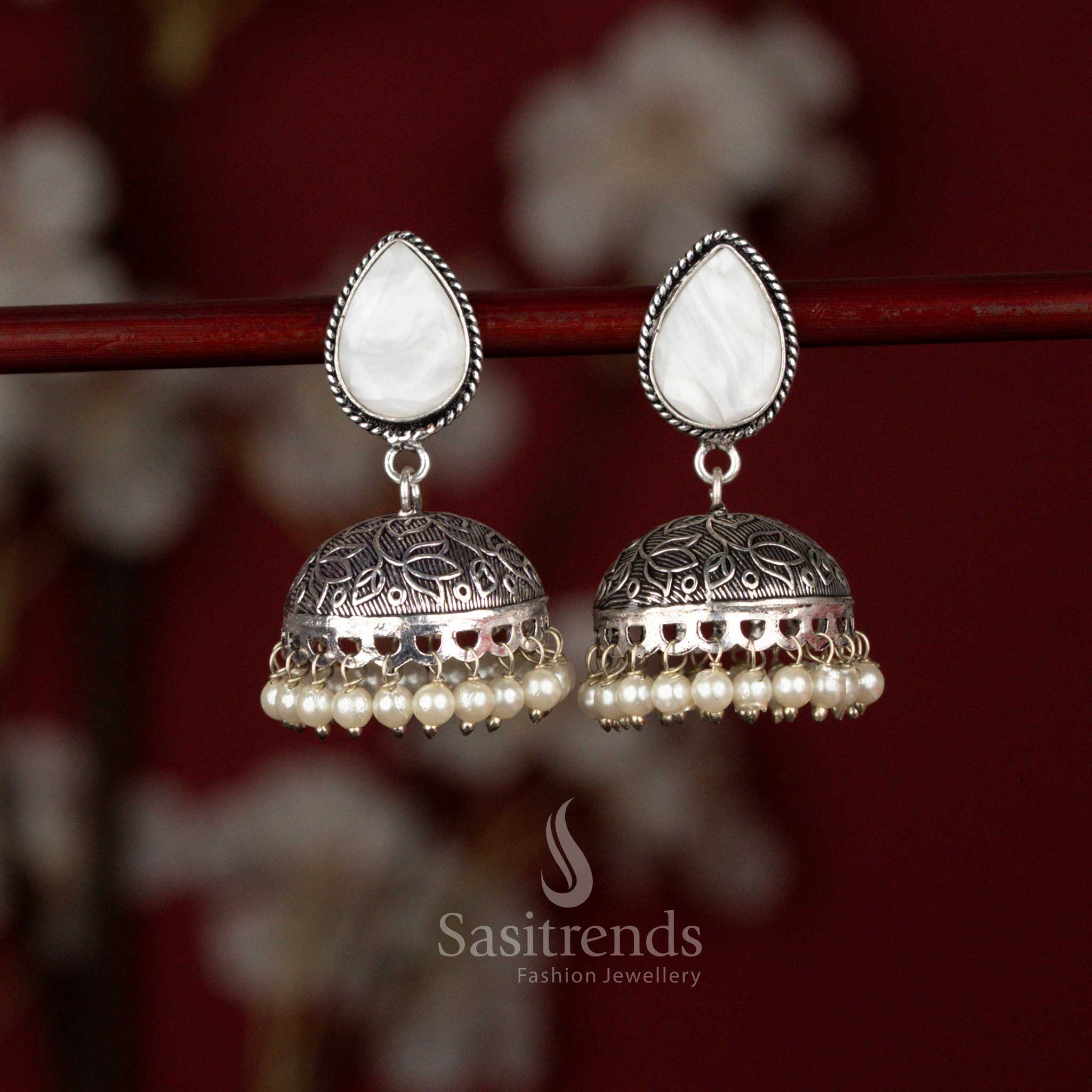 Magnificent oxidised silver plated Monalisa jhumka earrings with white detailing ideal for functions and saree looks – Sasitrends