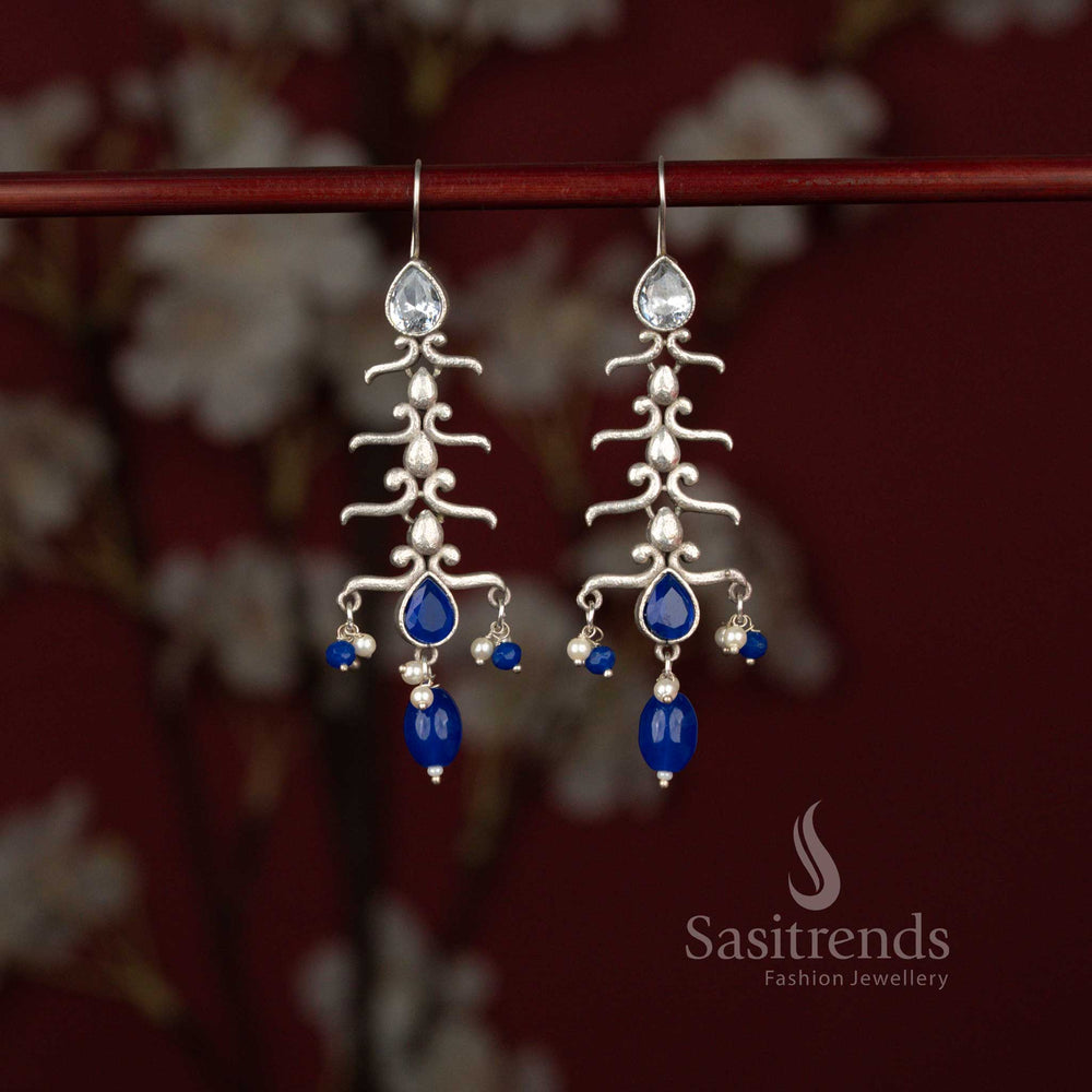 Radiant oxidised silver plated earrings with sculpted branch silhouette, white blue stones and pearl drops suited for family functions – Sasitrends
