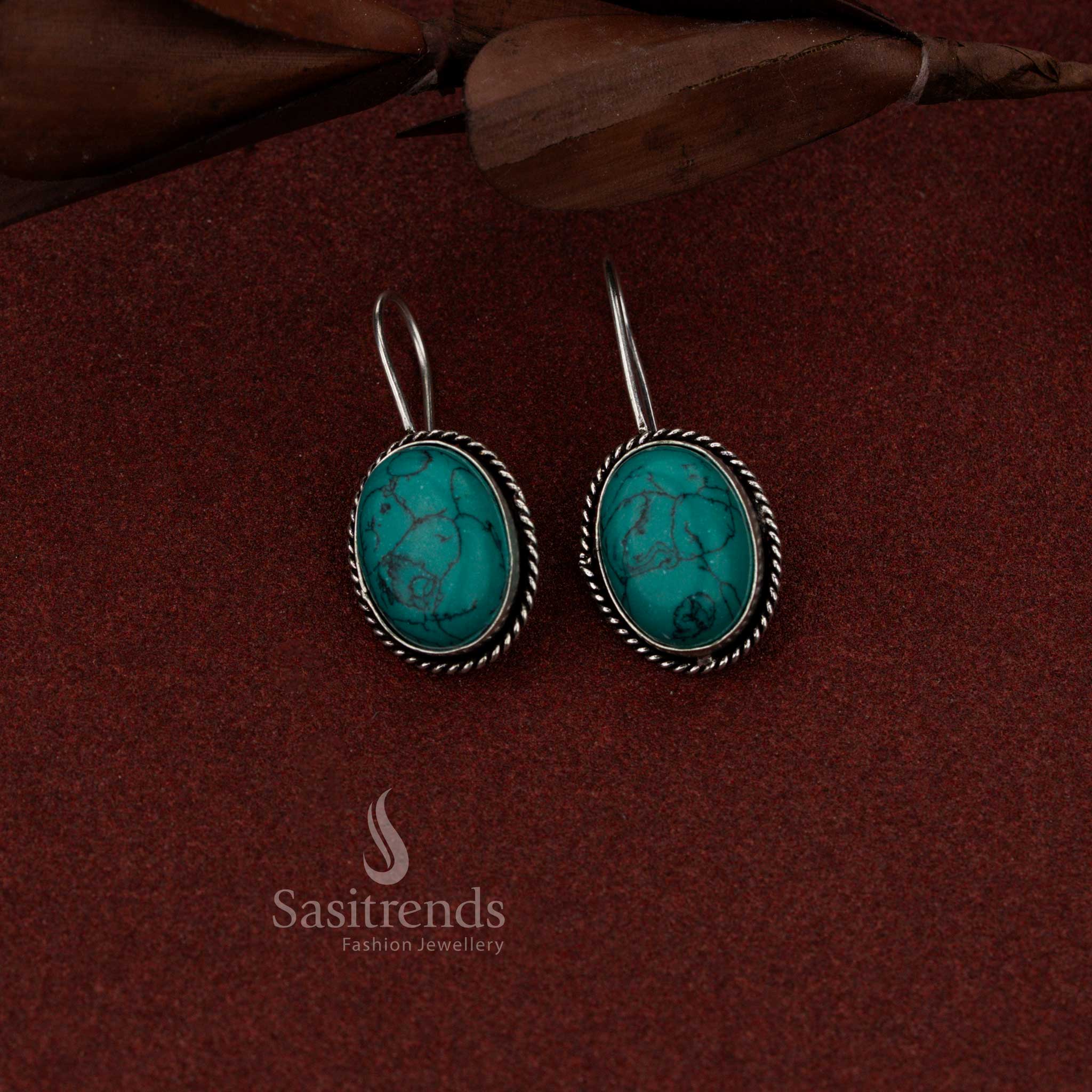 Charming oxidised oval gem rope outline dangle earrings turquoise blue ideal for meetings, workdays and effortless evening styling – Sasitrends