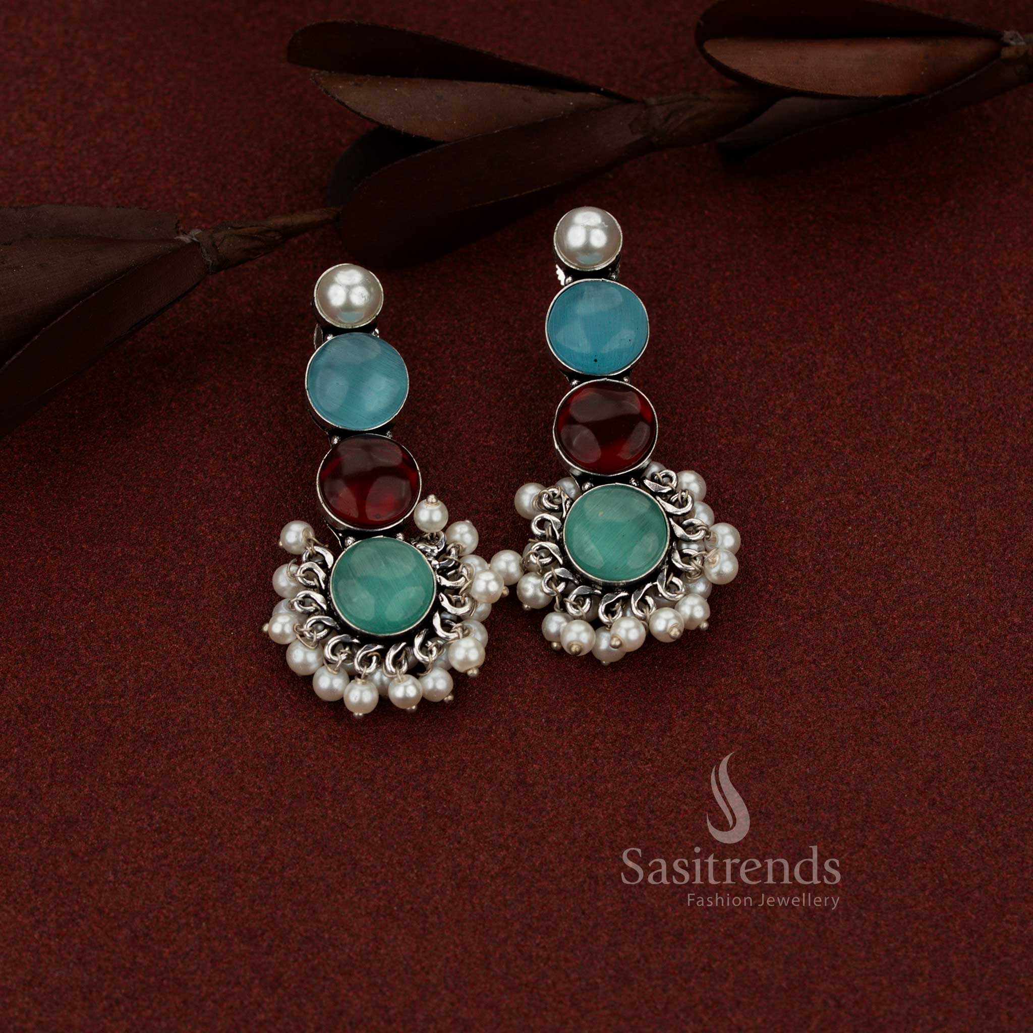 Vibrant oxidised silver 3 tier round stone with pearl drop earrings red-mint-sky-blue ideal for office wear, daily use and casual gatherings – Sasitrends
