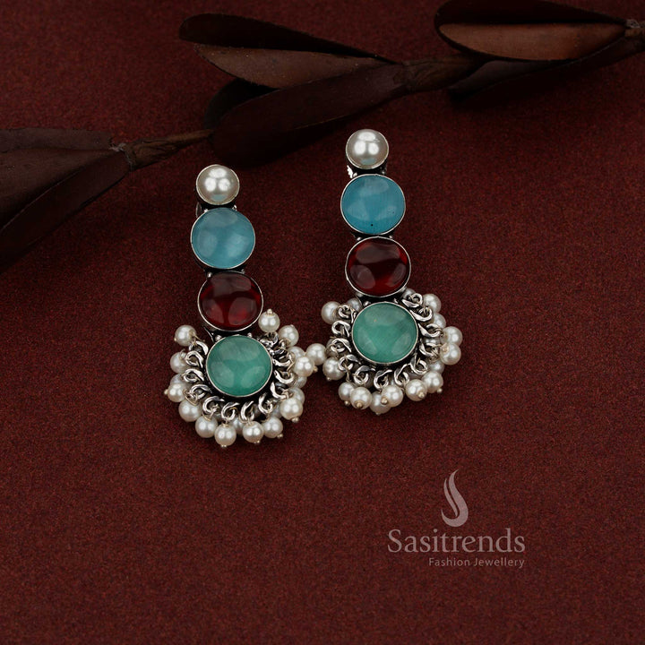 Vibrant oxidised silver 3 tier round stone with pearl drop earrings red-mint-sky-blue ideal for office wear, daily use and casual gatherings – Sasitrends