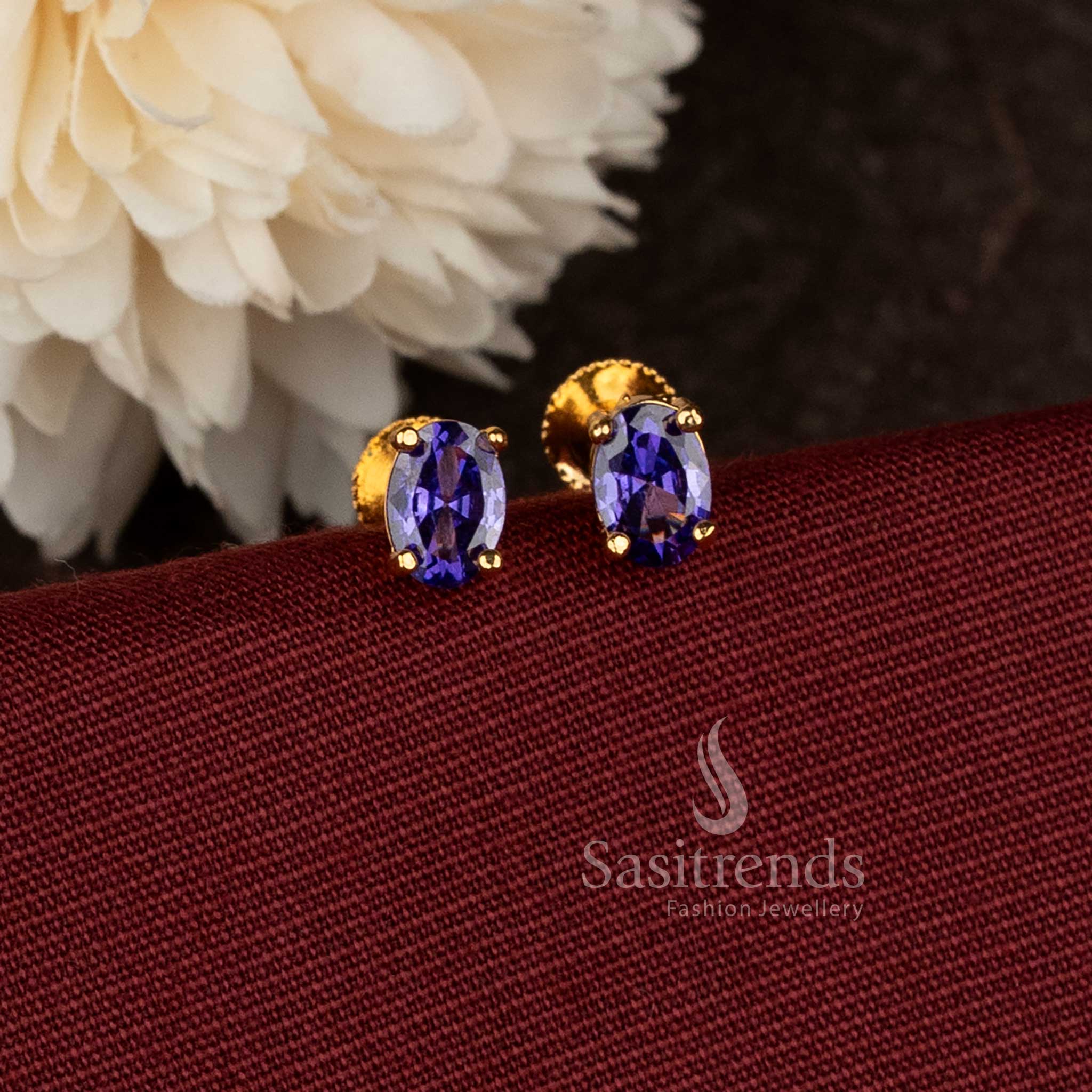 Guaranteed 24K micro gold plated elegant American diamond oval solitaire stud earrings with classic prong setting in purple tone for office and daily wear – Sasitrends  