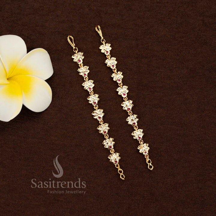 Heavenly bloom impon micro gold plated Panchaloga floral matil white-ruby with guaranteed finish suitable for temple rituals, bridal occasions, and traditional dance performances – Sasitrends