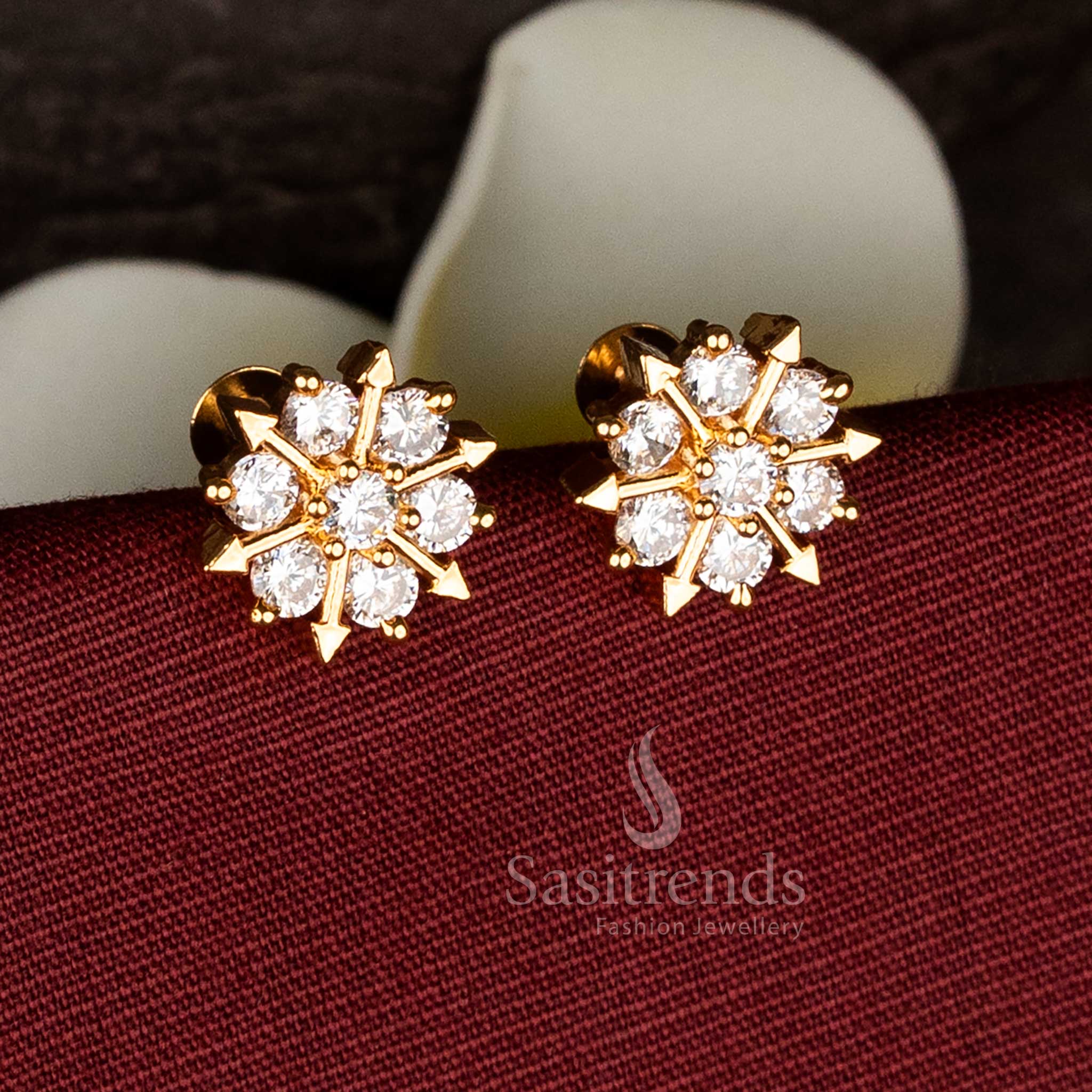 Guaranteed one gram Micro gold plated floral arrow ray white AD stone stud earrings for traditional styling - Sasitrends