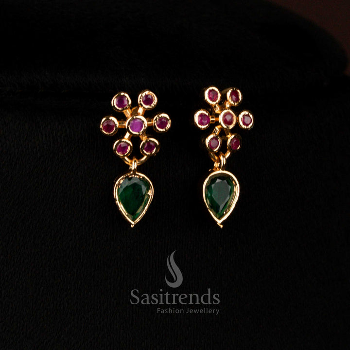 Royal bridal earrings in micro gold with ruby-green stones and teardrop American diamond – Sasitrends