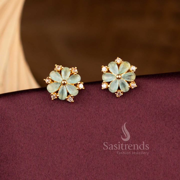 Sparkling Guaranteed Micro Gold Plated Teardrop Petal Floral Round AD Stud Earrings for Occasion Wear
