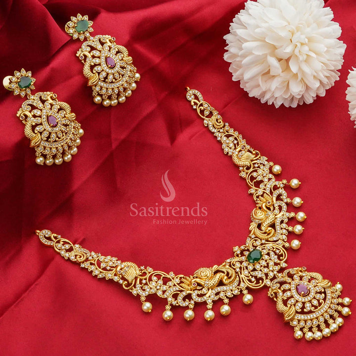 Bridal temple matte gold tone AD peacock floral pearl choker necklace jewellery set, designed to enhance traditional wedding and festive elegance - Sasitrends