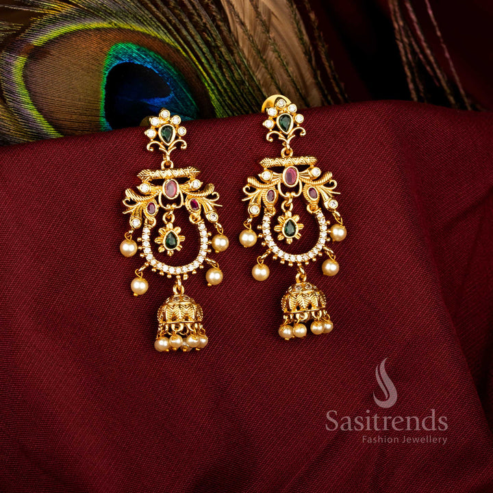 Traditional Temple Matte Gold Tone AD Filigree Floral Long Earrings for Ethnic Wear – Sasitrends