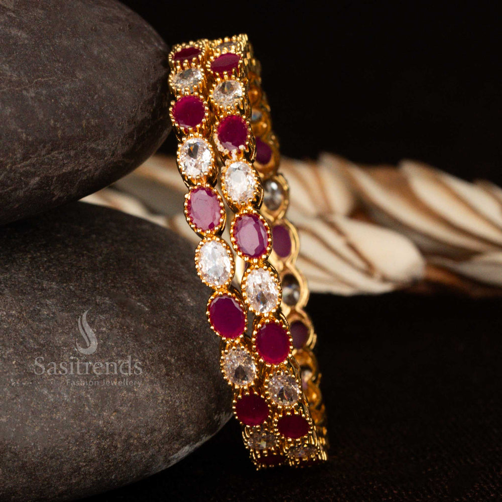 White-ruby American diamond bangles with alternating oval-shaped stones in a stunning micro gold finish – ideal for bridal glamour and festive jewellery charm by Sasitrends