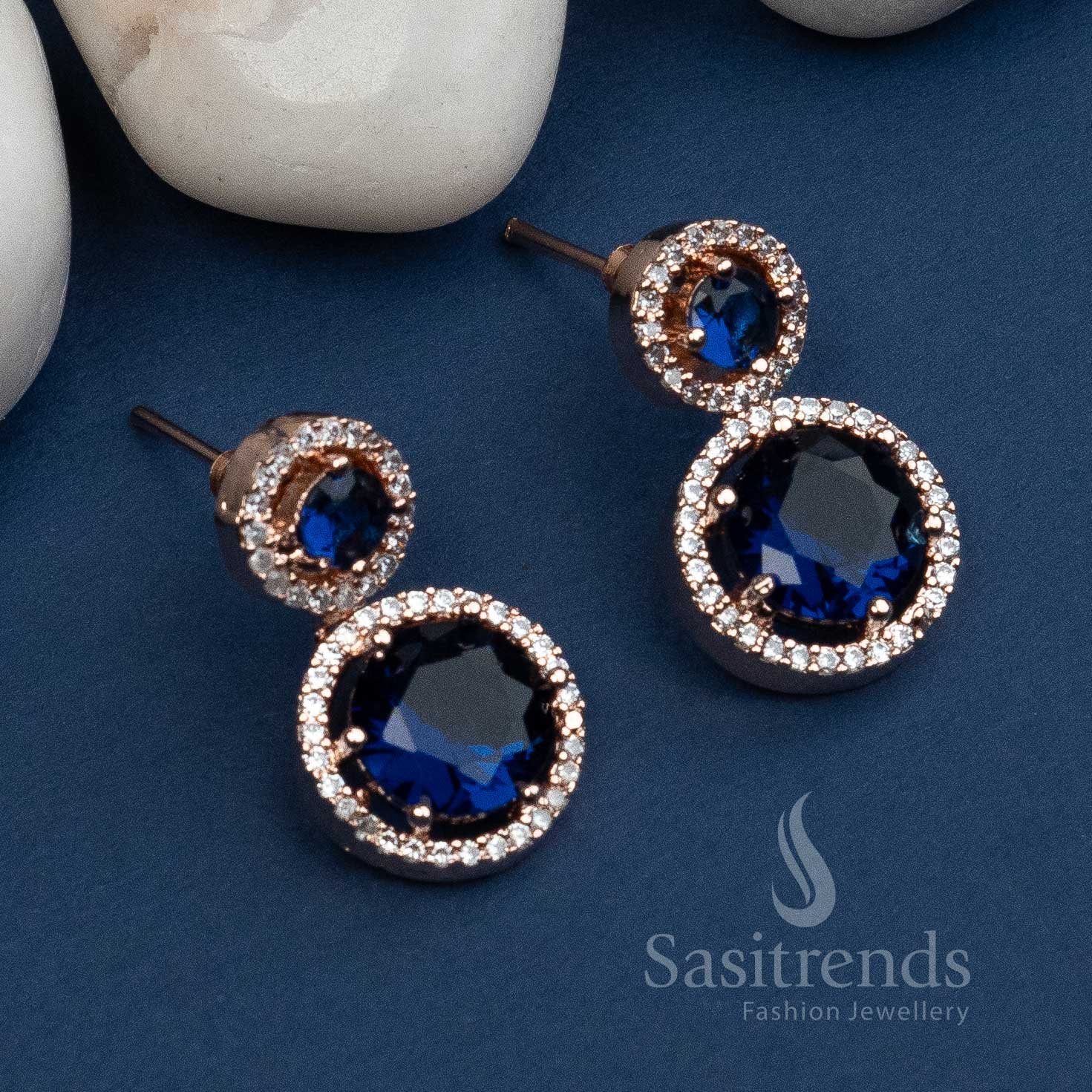 Regal Blue Stone Rose Gold Plated Earrings with American Diamond Stones  - Sasitrends
