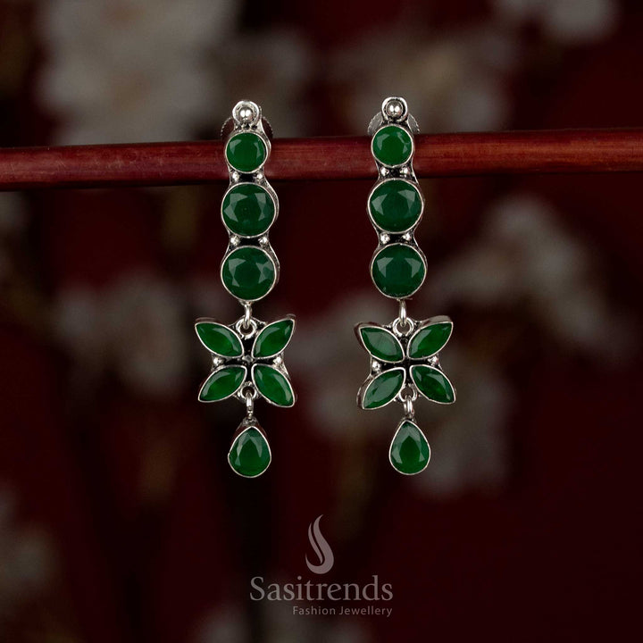 Chic oxidised silver green floral line drop earrings perfect for minimal daily fashion and smart work outfits – Sasitrends