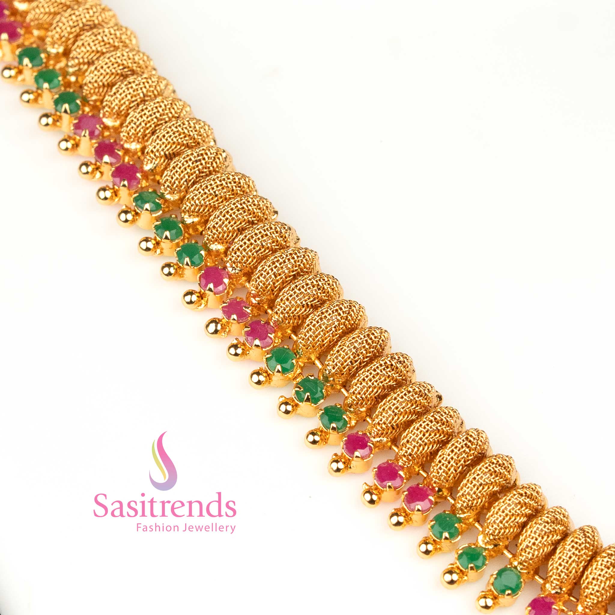 Prism ruby-green circular pendant micro gold plated necklace accented with AD stones and golden beads for a unique celebration look – Sasitrends