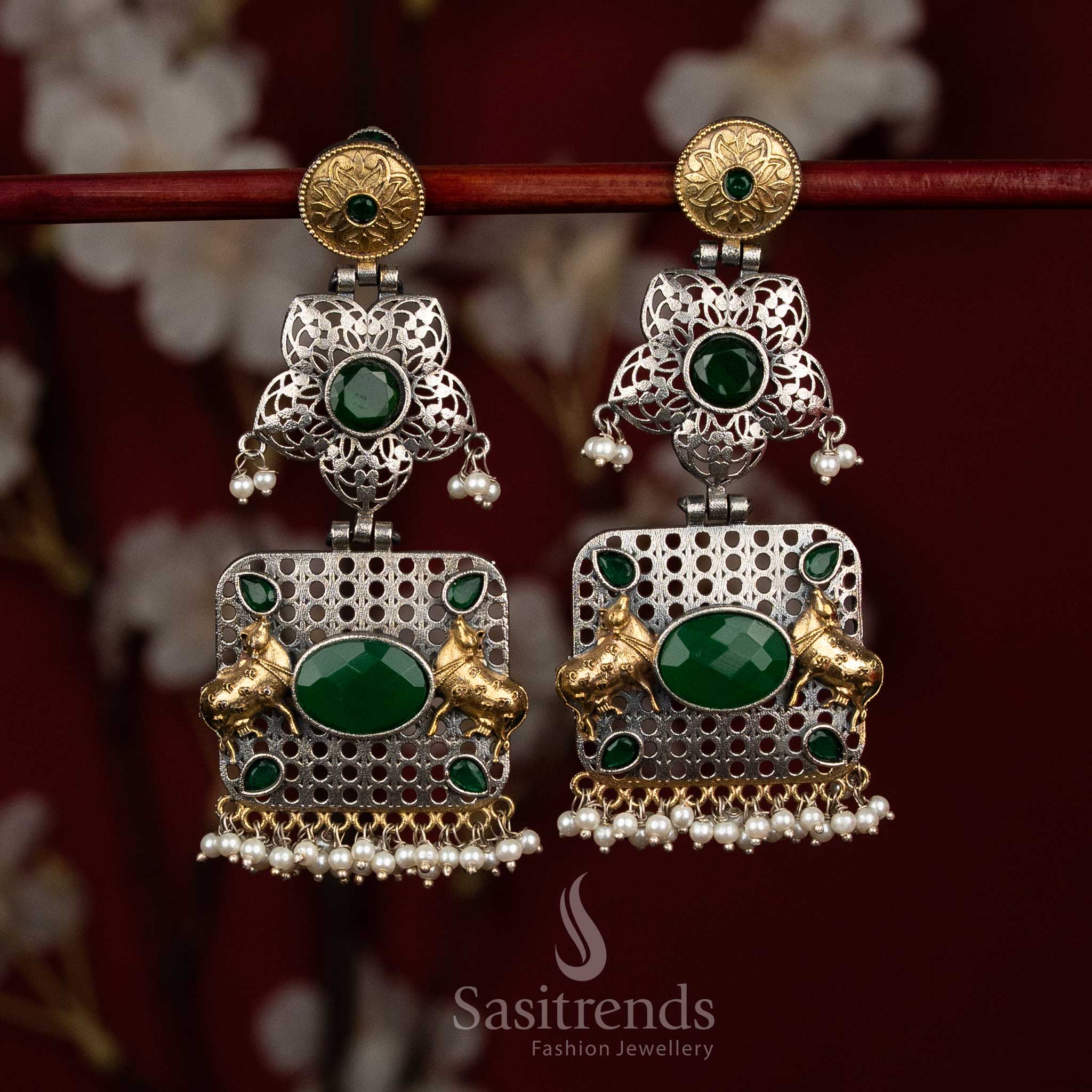 Forest heritage oxidised silver green floral mandala Nandi bull panel earrings with oval Monalisa stone pearl fringes for festive - jewellery - Sasitrends
