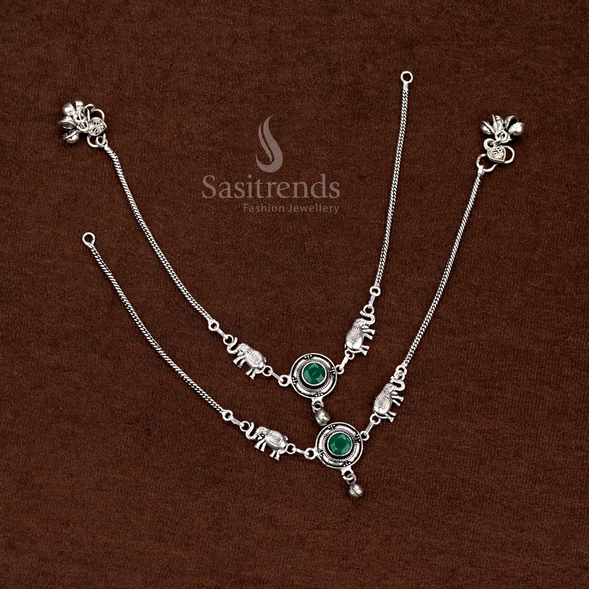 Festive green oxidised Monalisa stone elephant anklets featuring circular design for stylish cultural celebrations – Sasitrends