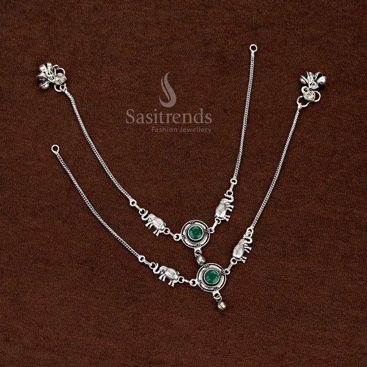 Festive green oxidised Monalisa stone elephant anklets featuring circular design for stylish cultural celebrations – Sasitrends