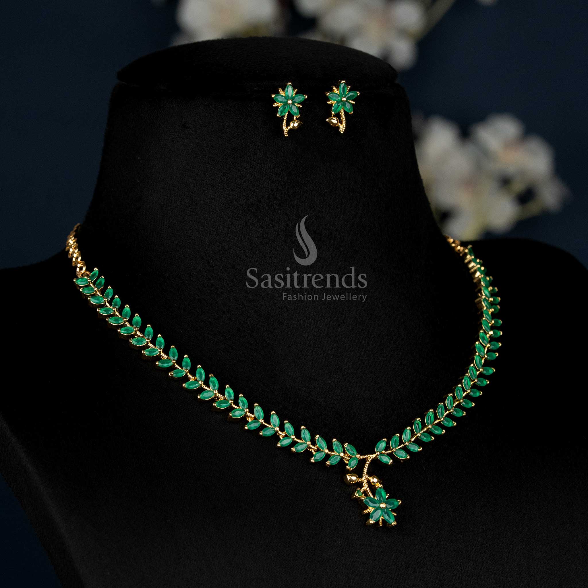 Verdant Green American Diamond Leaf Design Necklace With Micro Gold Plating, Beautifully Crafted Jewellery For Regal Festivities – Sasitrends