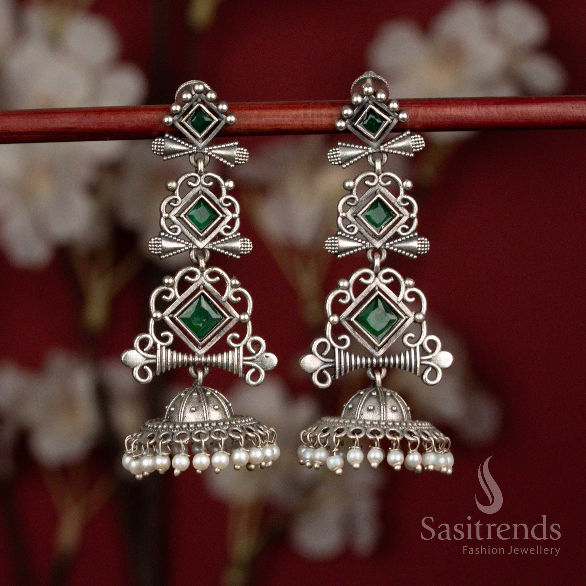 Leaf green oxidised 92.5 silver geometric long jhumka earrings with stone design and pearl fringes for ethnic occasions - jewellery - Sasitrends