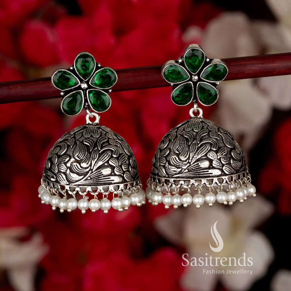 Exquisite Green Ethnic Party Oxidised Jhumkas with Pearls, Elevating Black Saree Navaratri Styling-Sasitrends