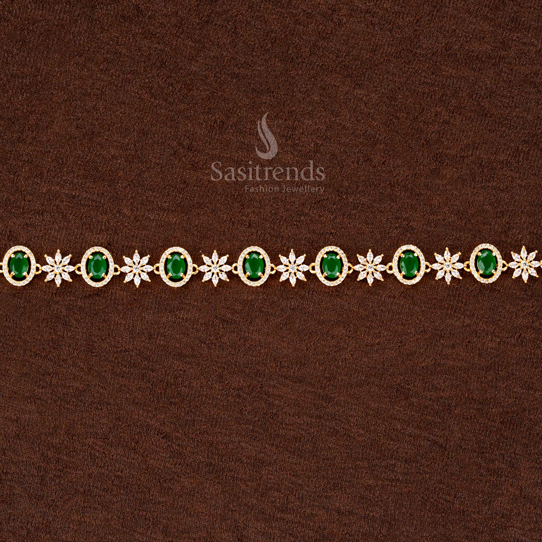 Royal green American diamond hip chain with a luminous oval stone, an elegant floral pattern, and exquisite craftsmanship—ideal for weddings - Sasitrends