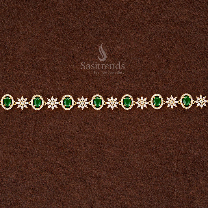 Royal green American diamond hip chain with a luminous oval stone, an elegant floral pattern, and exquisite craftsmanship—ideal for weddings - Sasitrends