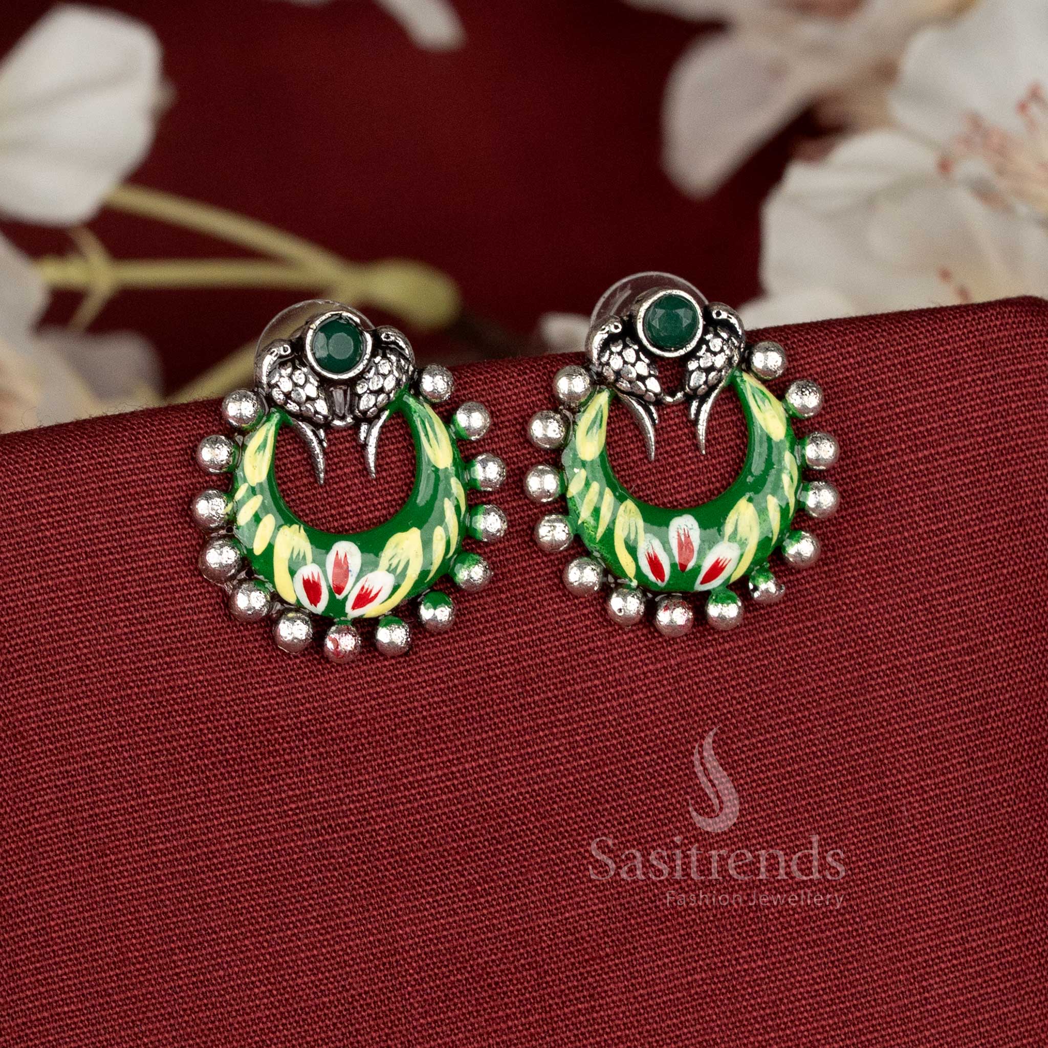 Meadow hand-painted oxidised floral cluster earrings in green shades displaying naturalistic bloom design with elegant artistry – Sasitrends