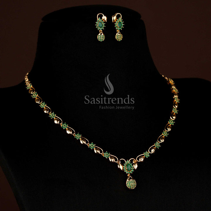 Verdant elegance micro gold AD teardrop pendant necklace featuring green stones, perfect for cultural and bridal statement jewellery – Sasitrends