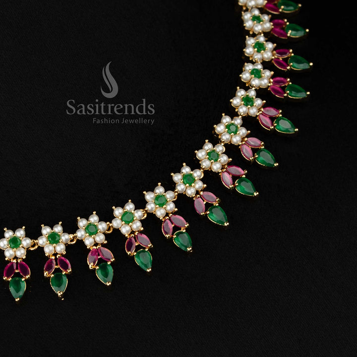 RoyalPetaline crafted micro gold plated pearl ruby green floral leaf American diamond necklace set designed for celebration nights - Sasitrends