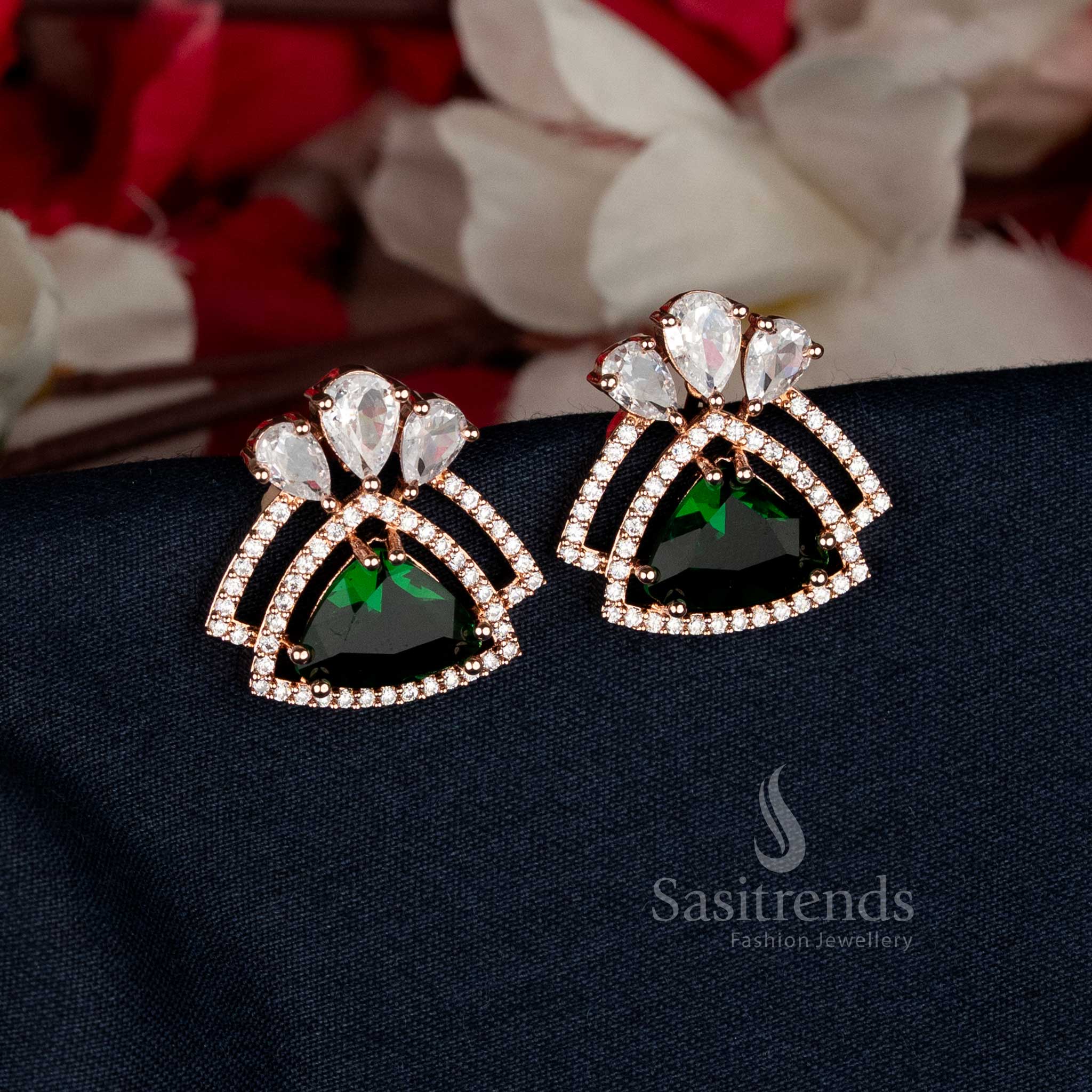 Refreshing Rose Gold Plated Triangular AD Earrings adorned with green gems, perfect for modern festive wear and sophisticated celebrations — Sasitrends