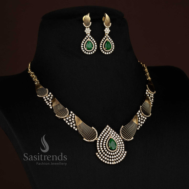 Jade Ice mehendi gold white-green American Diamond teardrop necklace crafted for event fashion, parties, and festive elegance – Sasitrends