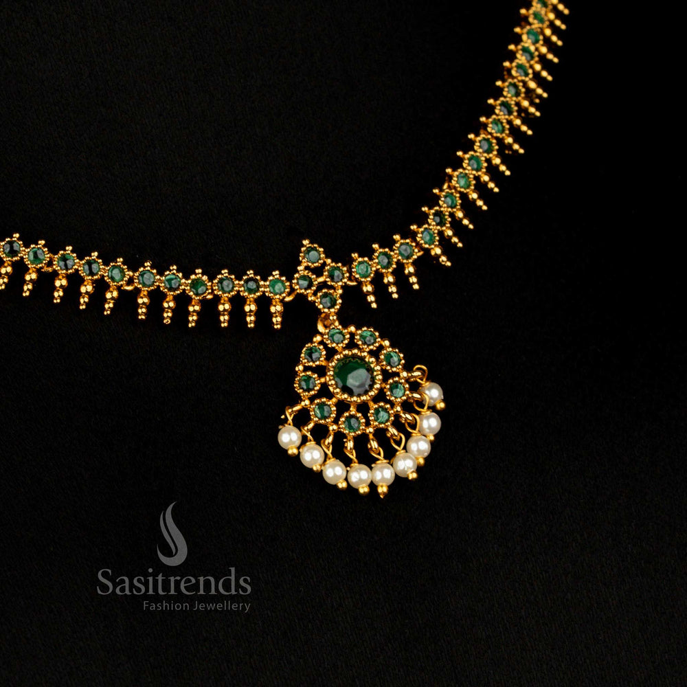 Luxury temple matte gold AD stone necklace embellished with vibrant green stones in circular floral design, exuding festive elegance – Sasitrends