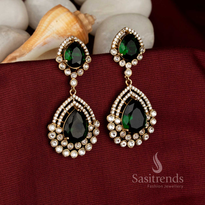 Verdant Spiral Victorian teardrop layer AD stone stud earrings in green, designed for elegant evening events and festive celebrations – Sasitrends