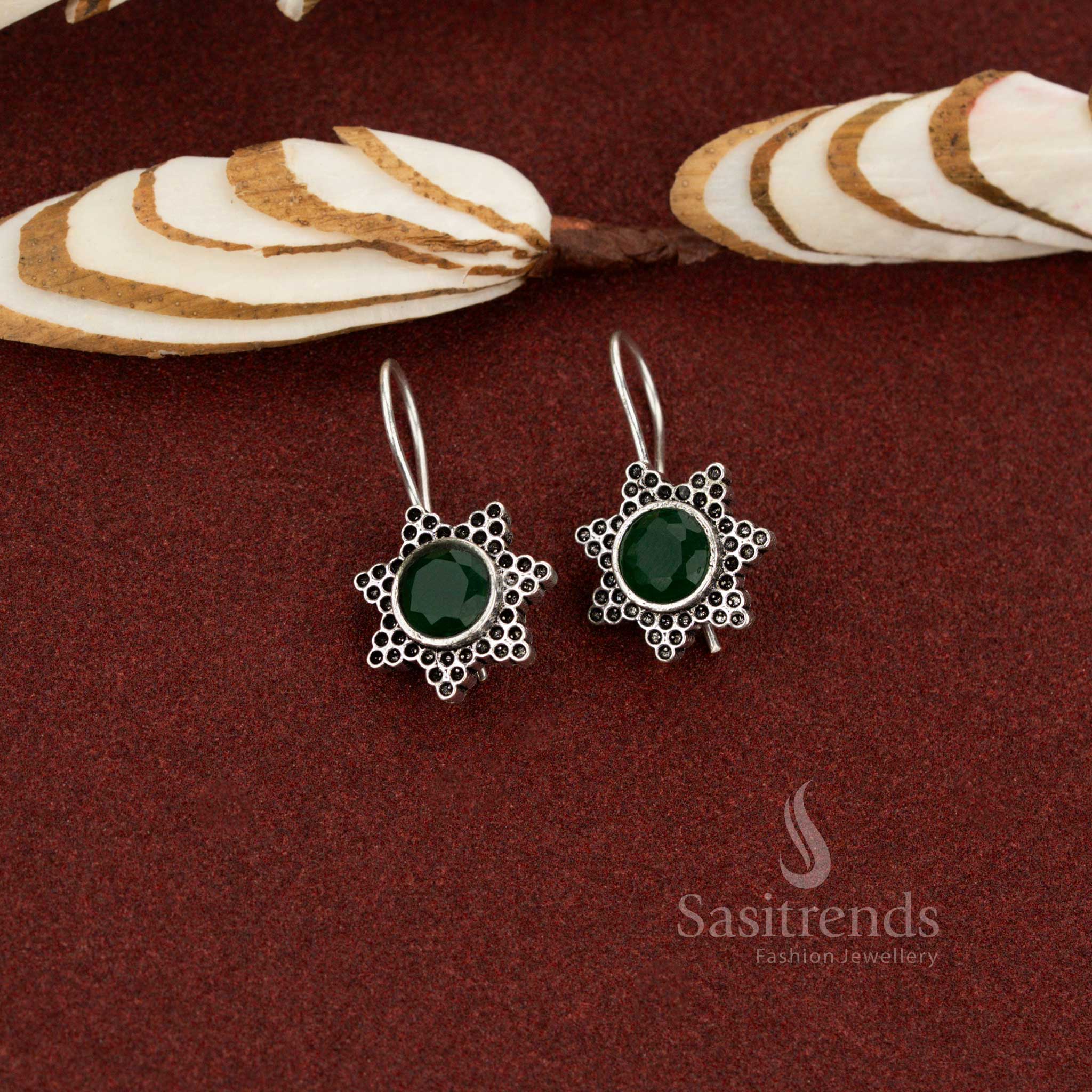 Verdant glow oxidised silver star floral drop earrings green designed with subtle artistry perfect for workplace fashion, everyday outings and effortless casual looks – Sasitrends