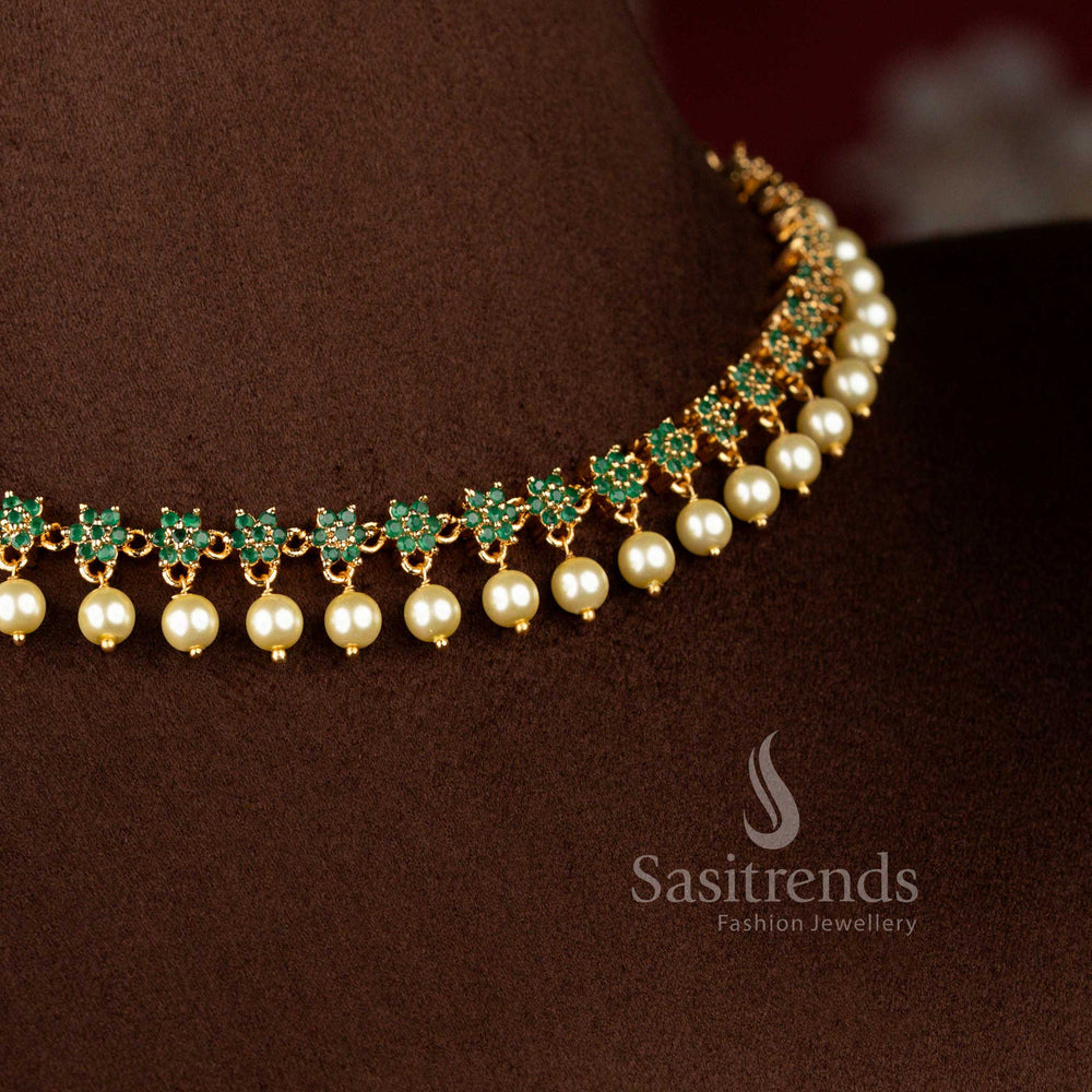 Verdant micro gold plated AD star floral necklace in rich green featuring delicate pearl drops, finished in 24 carat gold – Sasitrends