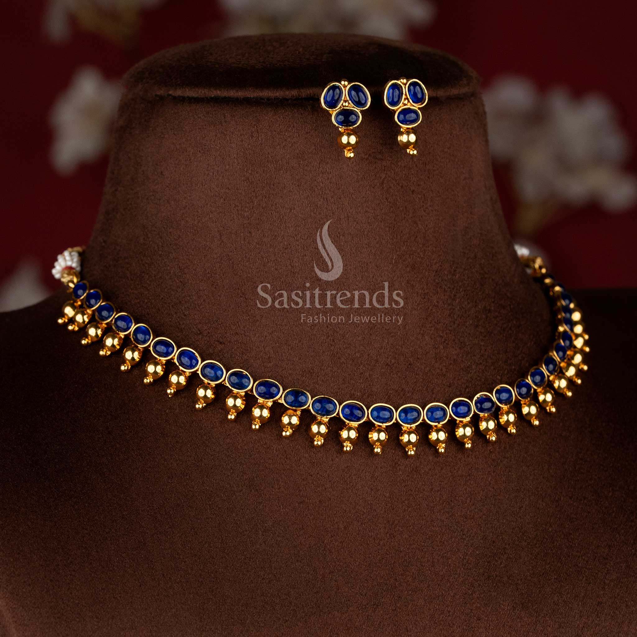 Stunning classic antique blue Mullapoo temple necklace set with golden ball details for celebration-ready wear – Sasitrends