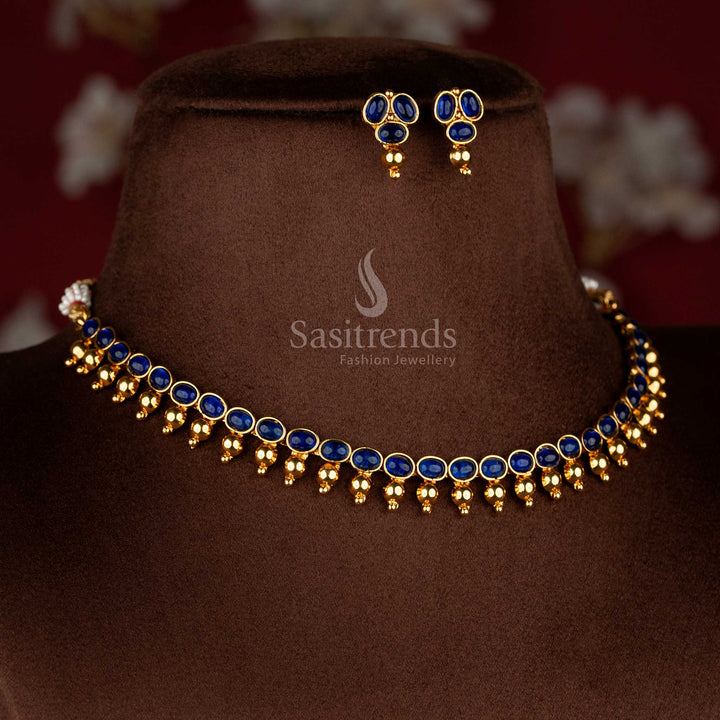 Stunning classic antique blue Mullapoo temple necklace set with golden ball details for celebration-ready wear – Sasitrends