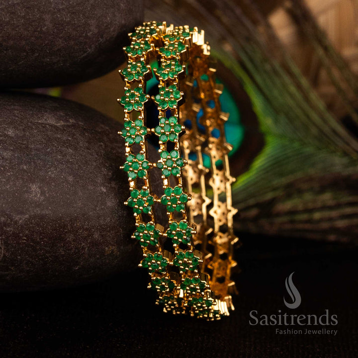 Vibrant Green Micro Gold Plated Bangles with Brilliant American Diamond Stones, Crafted for Traditional Celebrations and Festive Occasions – Sasitrends