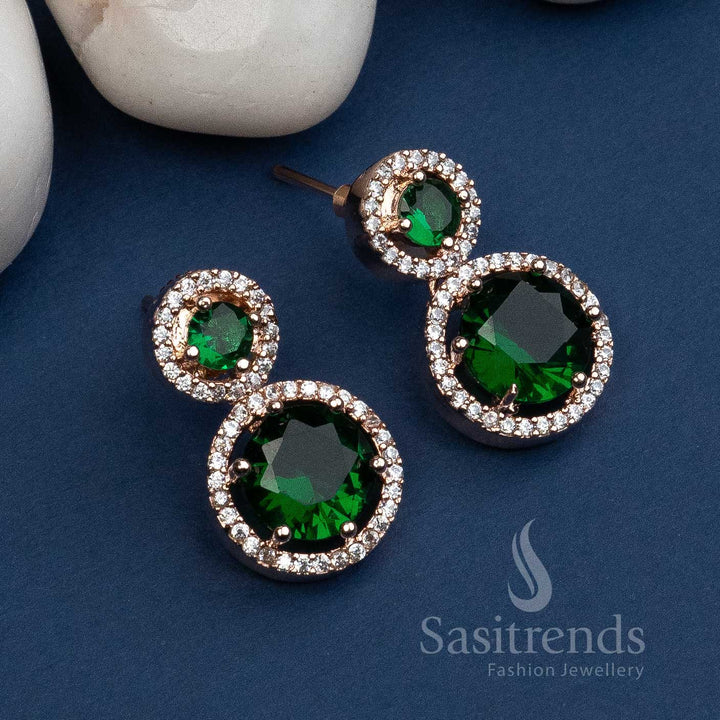 Captivating Green Stone Rose Gold Plated Earrings with American Diamond Stones - Sasitrends