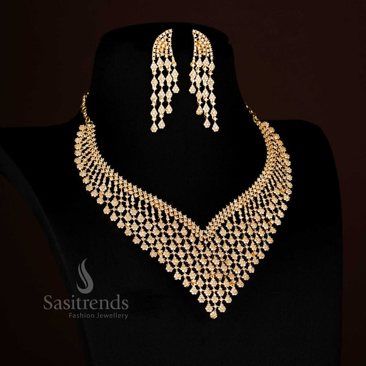 Opulent Gold Plated Lotus V-Pattern Necklace adorned with radiant American Diamonds, designed to elevate grand events with royal elegance – Sasitrends