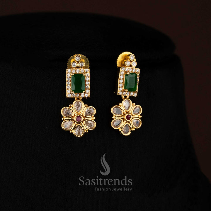 Radiant matte gold plated floral earrings featuring rectangular American Diamond stones crafted to elevate cultural celebrations with artistic brilliance – Sasitrends