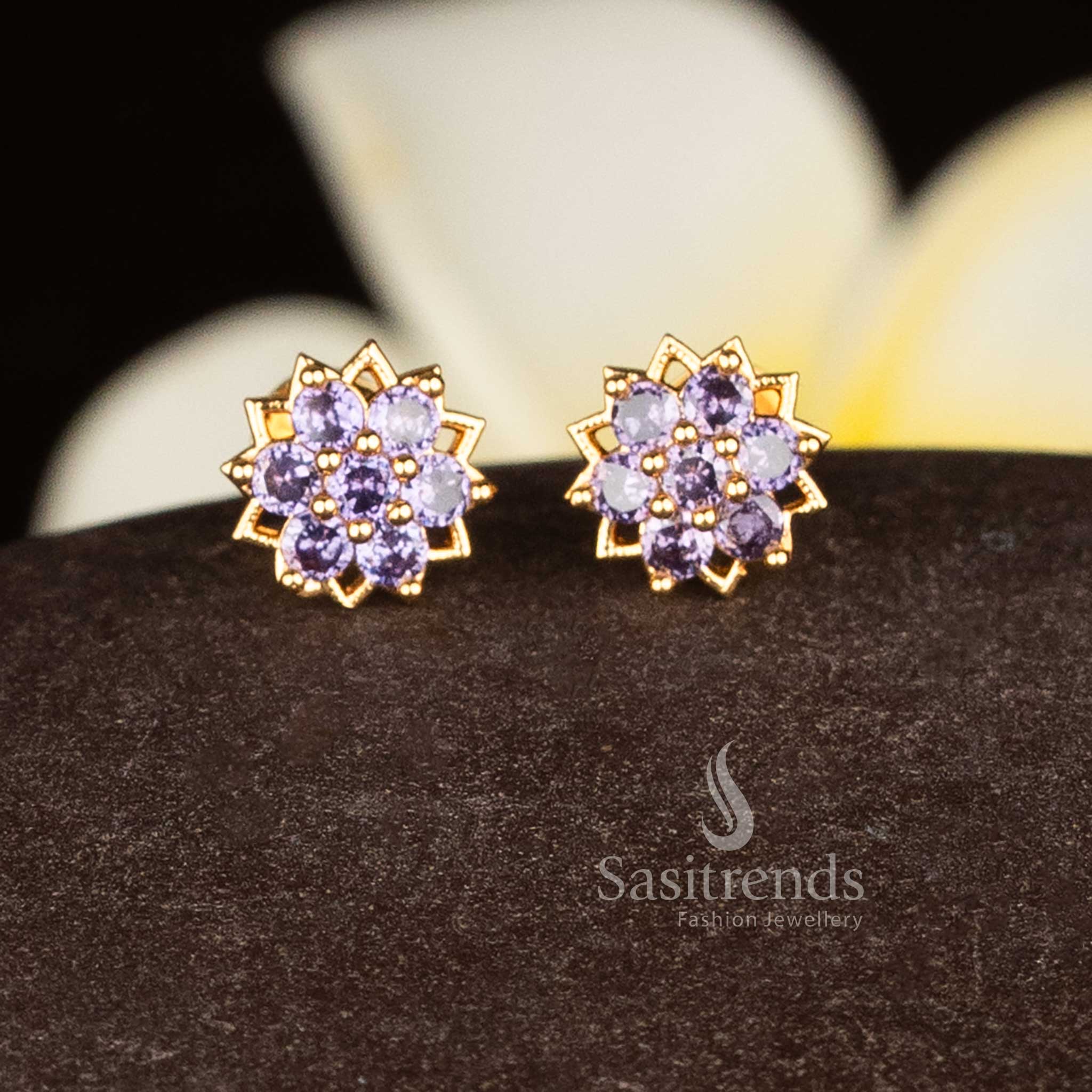 Royal Micro Gold Plated AD Lotus Outline Flower Cluster Stud Earrings in Lavender, Perfect for Ethnic Festive Jewellery – Sasitrends