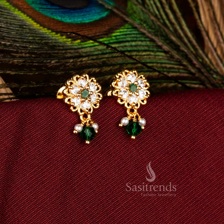 Splendid Micro Gold Plated AD Stylized Lotus Bloom Earrings in White-Green, Perfect for Traditional Festive Celebration Jewellery – Sasitrends