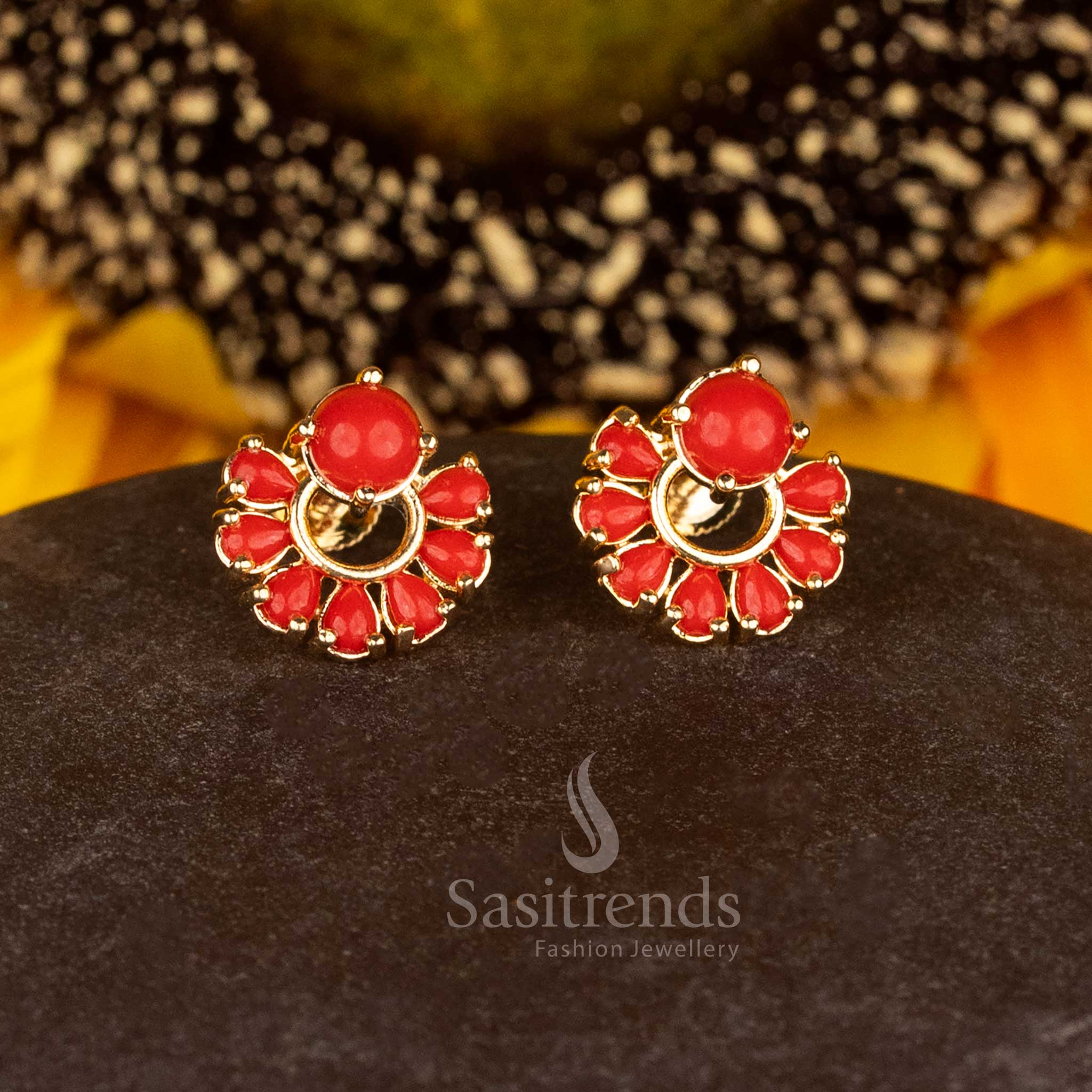 Opulent micro gold plated pavalam round stone stud earrings made for traditional radiance and festival charm - Sasitrends