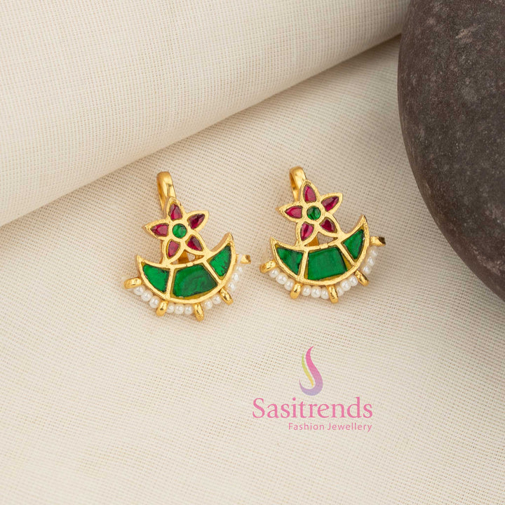 Regal ruby-green 24K Jadau Kundan floral crest half moon bugadi earcuff earrings with pearl enhancements, ideal for bridal festivities, heritage styling, and grand traditional occasions - Sasitrends