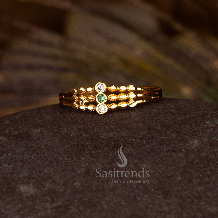 Opulent White-Green Micro Gold Plated AD 3 Step Ring with exquisite American Diamond accents, ideal for ethnic festive and ceremonial jewellery – Sasitrends