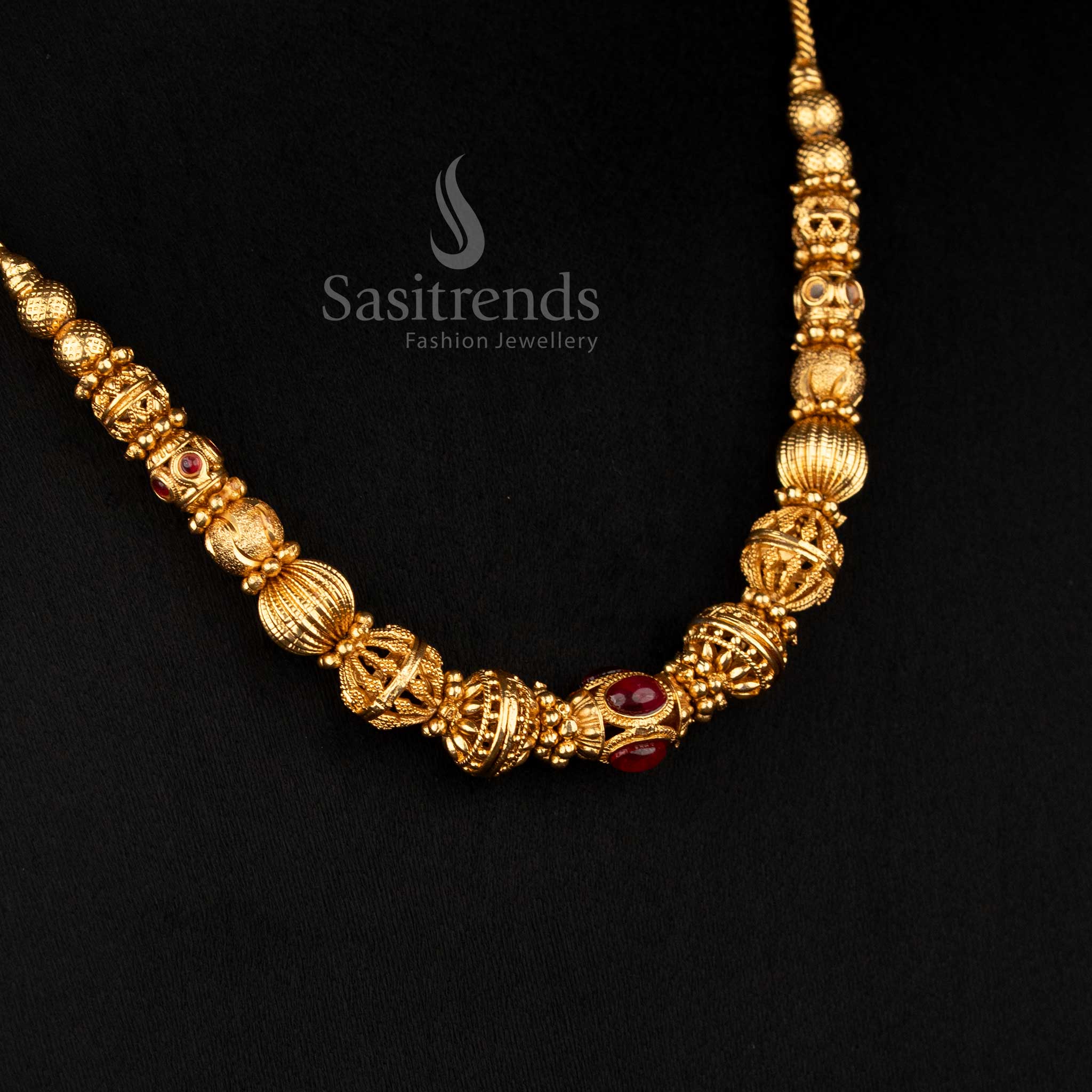 Radiant Temple Matte Gold Plated Handmade Ball Chain Necklace, Crafted for Traditional Celebrations and Grand Temple Jewellery Looks – Sasitrends