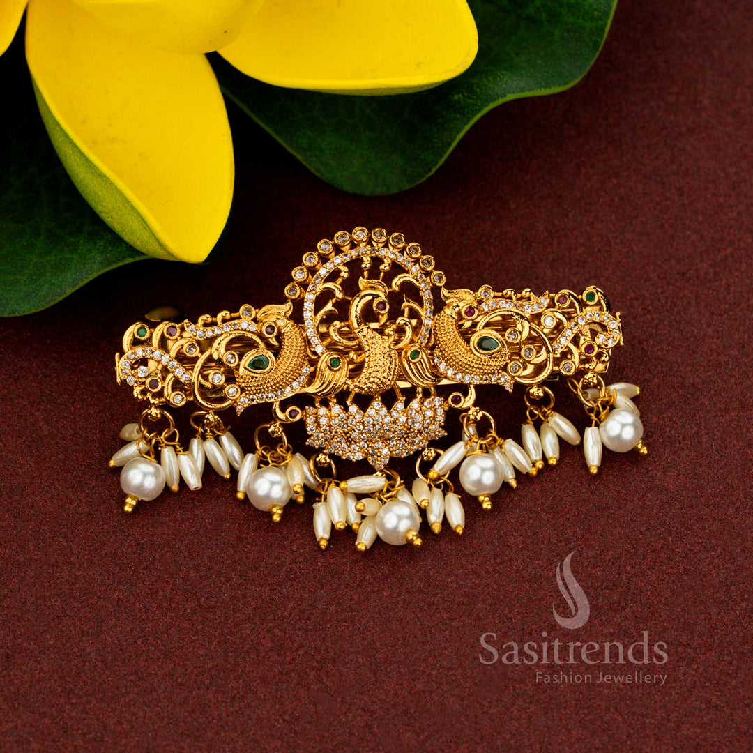 Exquisite white triple peacock temple hair clip featuring radiant matte gold detailing sovereign AD stone embellishments divine pearl elegance and aristocratic beauty perfect for heritage bridal celebrations – Sasitrends